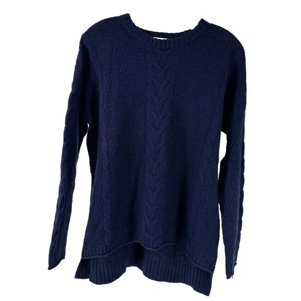 Madewell Cable Knit Sweater Navy Blue Size S Merino Wool Yak Blend Knit High Low